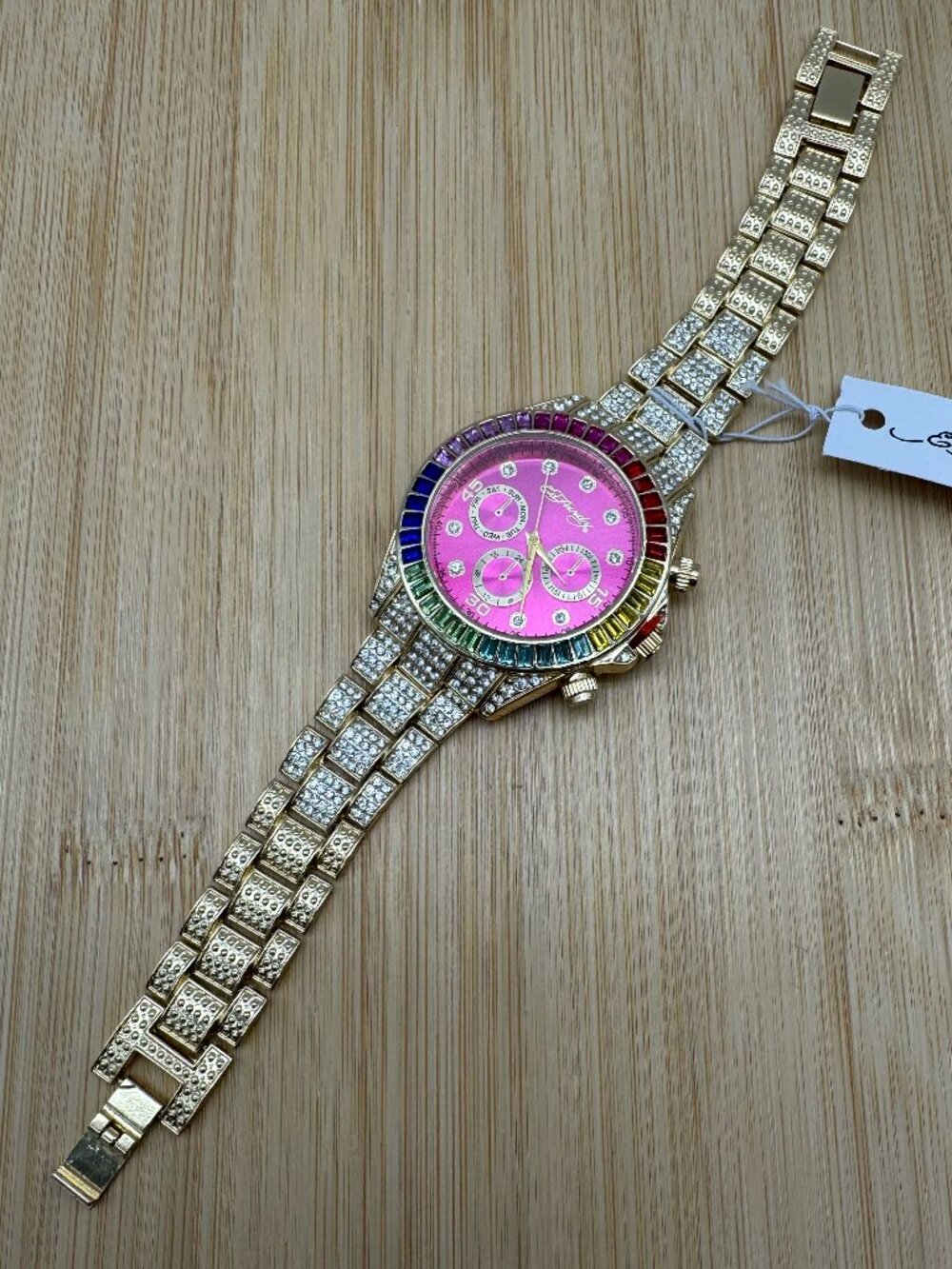Ed Hardy Women's Gold Tone Bracelet Rainbow Watch Pink Dial Analog Quartz (4)
